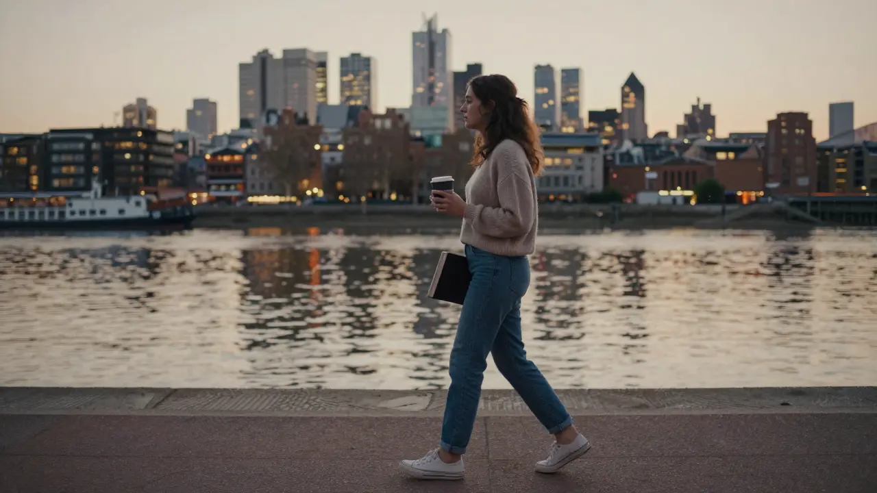 A young woman walking by the Thames at dusk, holding a book and coffee, city lights glowing softly behind her.