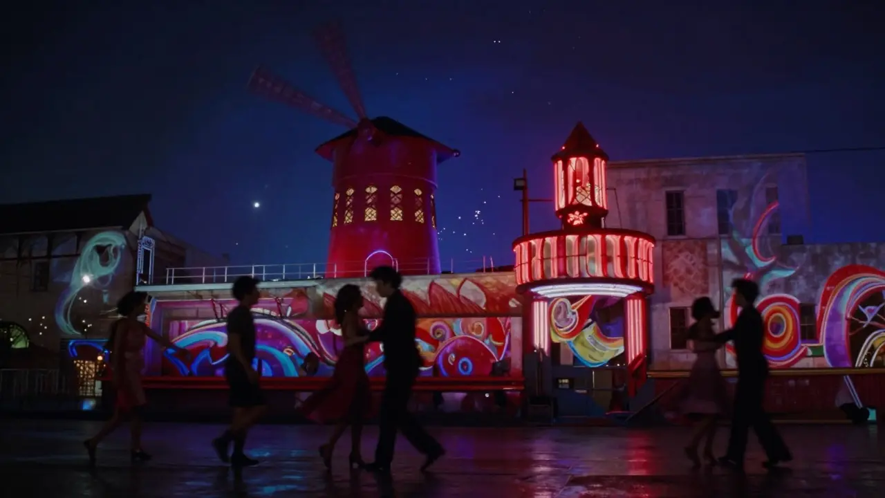 Abstract light projections and shadowy forms dance across a warehouse wall in an underground Paris club.