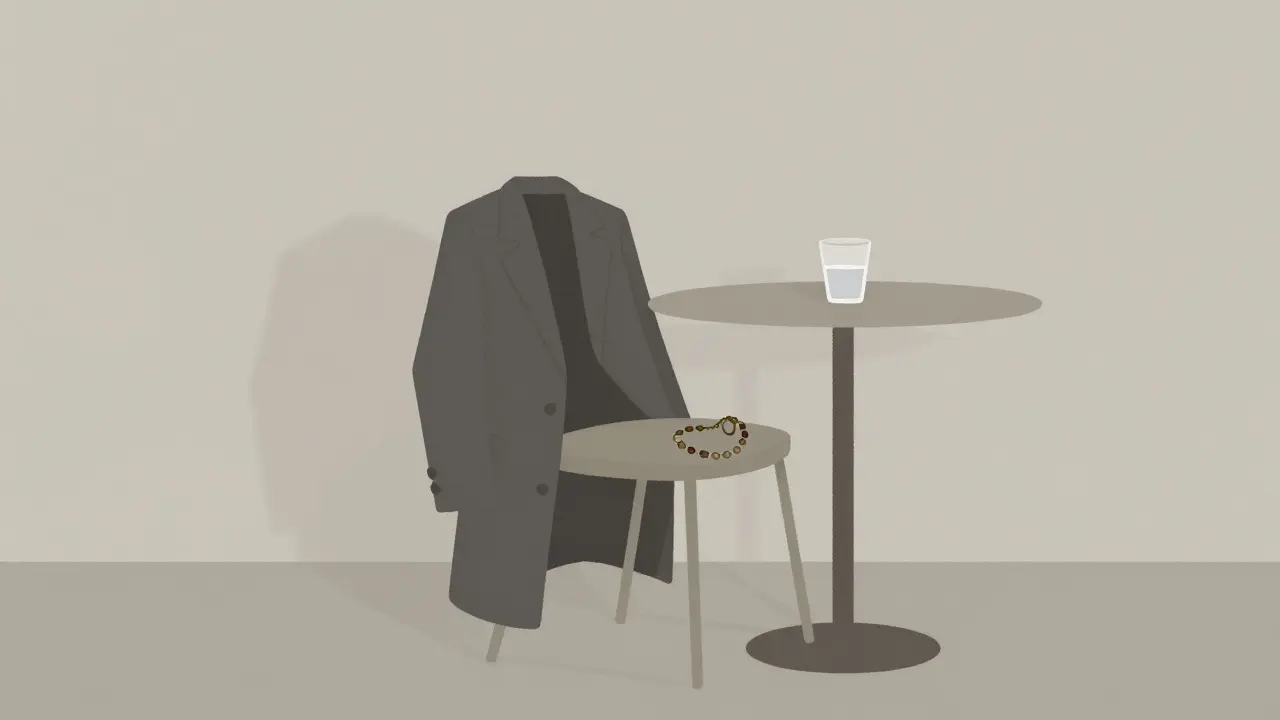 An empty chair with a coat and jewelry left behind, evoking a quiet, meaningful departure.