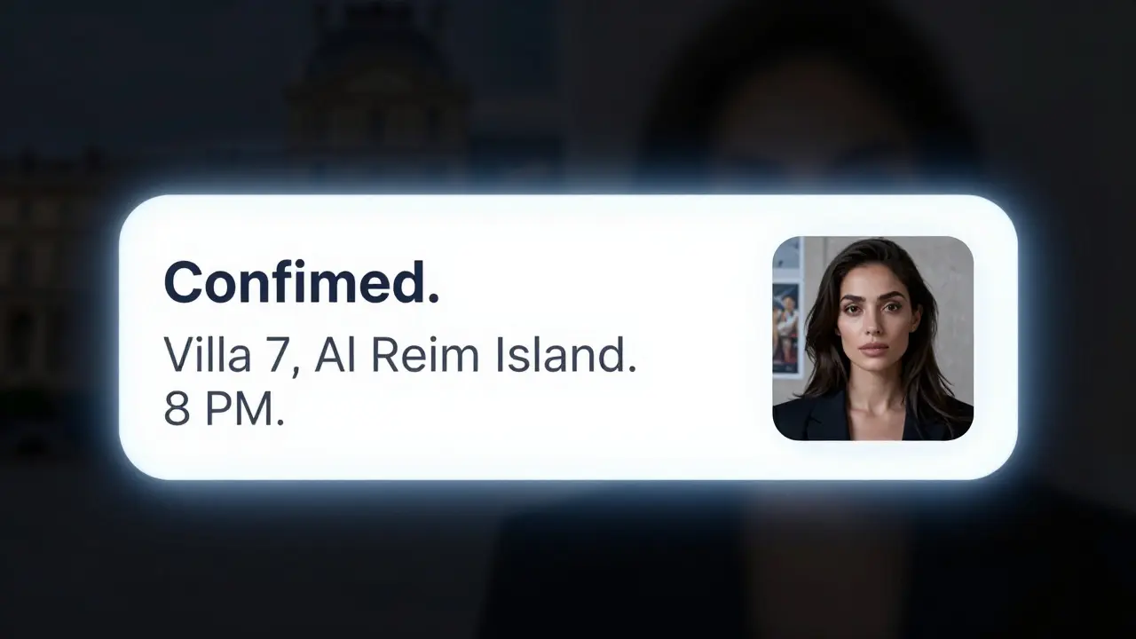 An encrypted phone displays a discreet meeting confirmation beside a professionally curated companion profile.