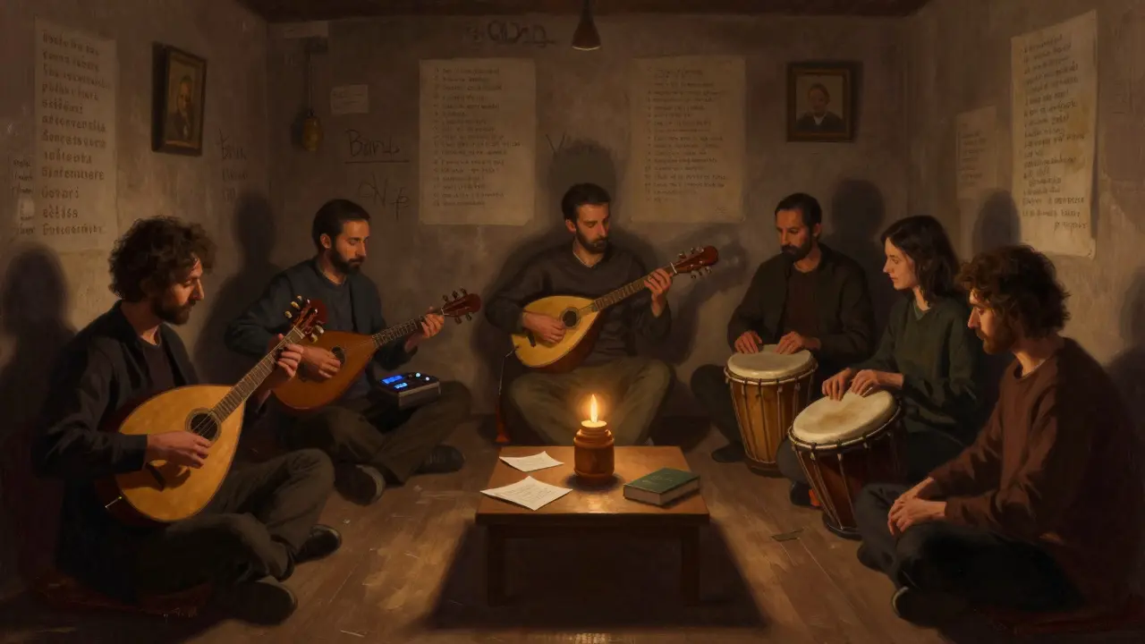 Barış Kafe’s silent music circle with hybrid instruments and handwritten notes in a jar.