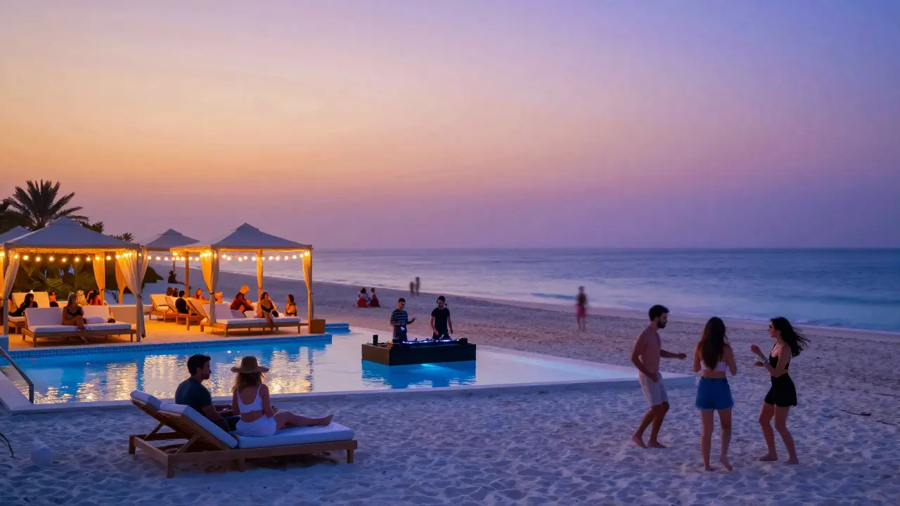 Beach club transitioning from sunset to nighttime, with poolside dancing and floating DJ booth under string lights.