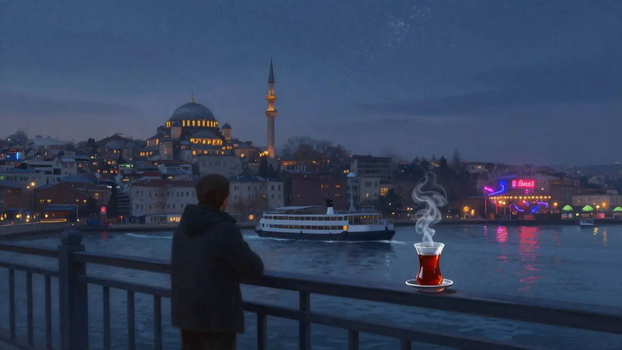 Bridge at dawn over Bosphorus with ferry, minaret, and distant club lights blending tradition and modernity.