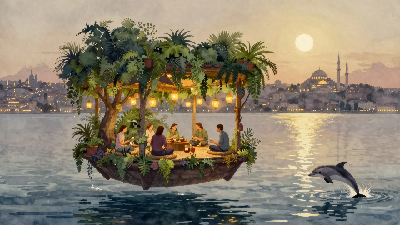 Cloud Nine floating garden on the Bosphorus at dusk, guests sipping tea under moonlight.