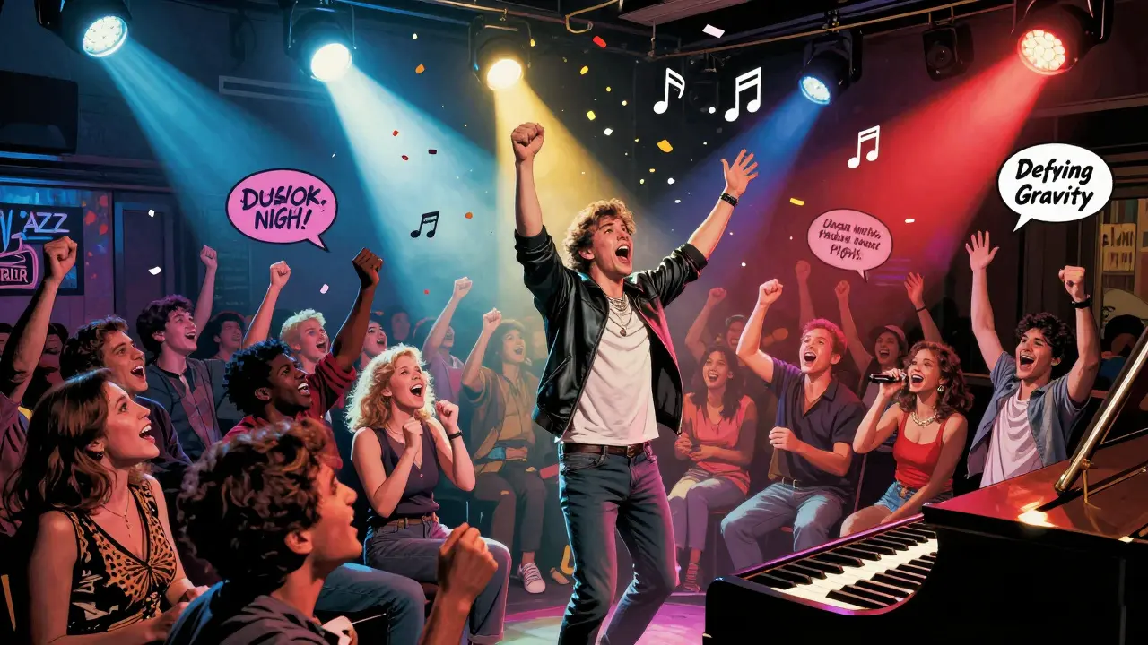 Crowd cheering at a musical theatre karaoke night, someone singing dramatically under bright lights.