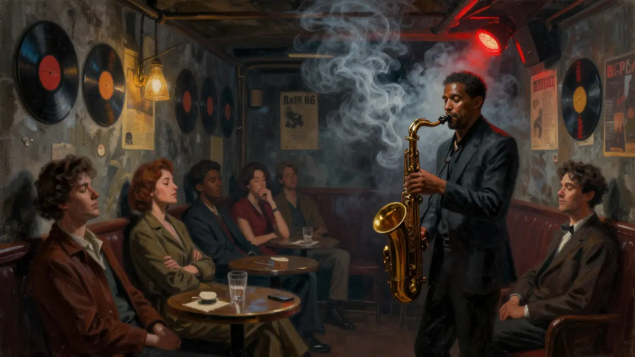 Dim basement jazz bar with a saxophonist playing under a red light, patrons lost in music.