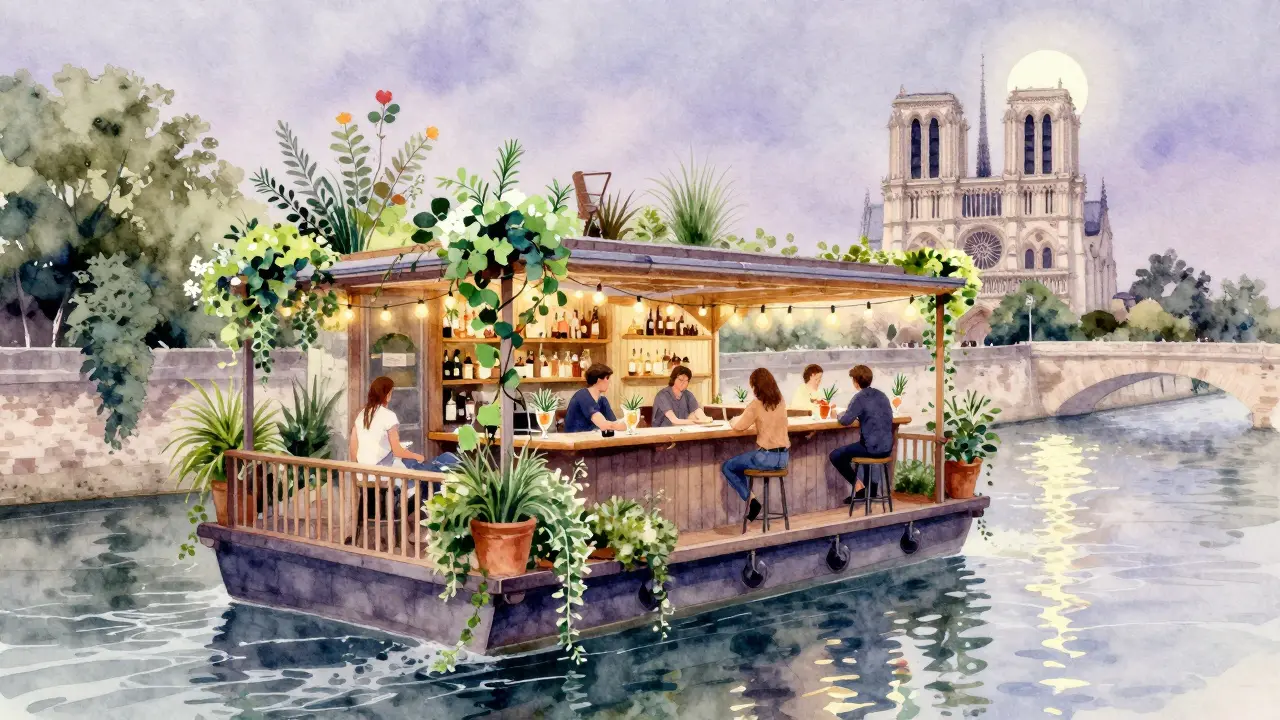 Floating garden bar with herbs over railings, string lights, and Notre-Dame shimmering in the distance at night.