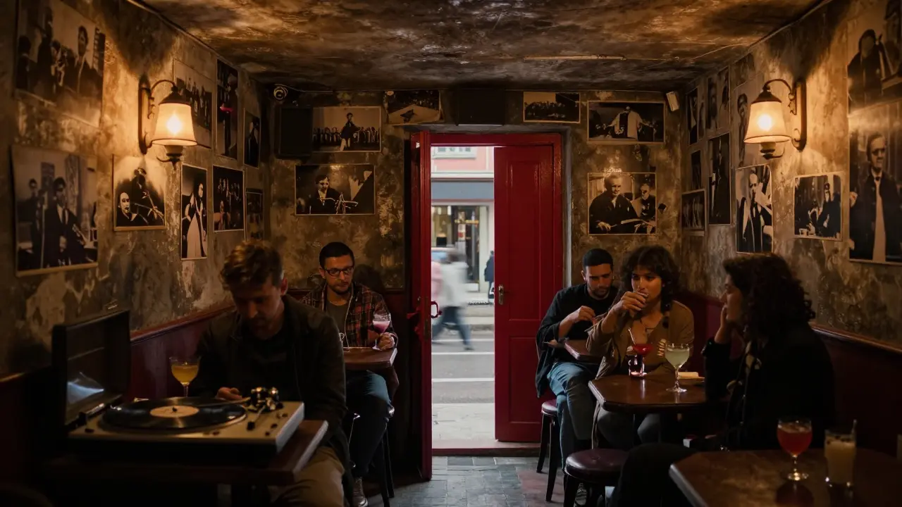 Hidden jazz bar with vintage photos, vinyl record spinning, and dim warm lighting.