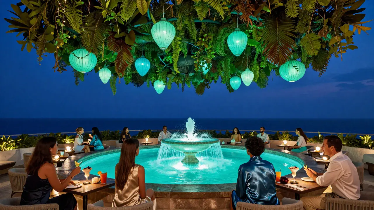 La Perle rooftop lounge glowing at twilight with greenery, lanterns, and a turquoise fountain overlooking the sea.