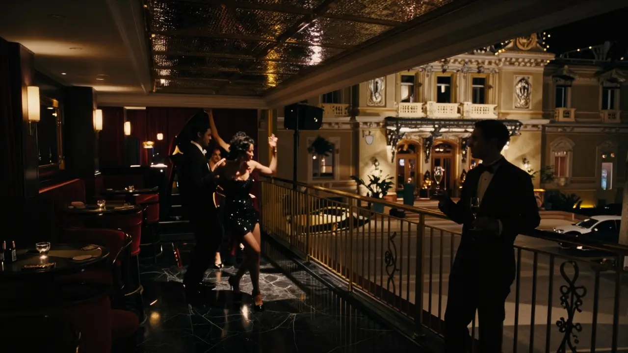 Le Sporting's jazz club interior at night, with dancers and champagne under shimmering art deco lighting.