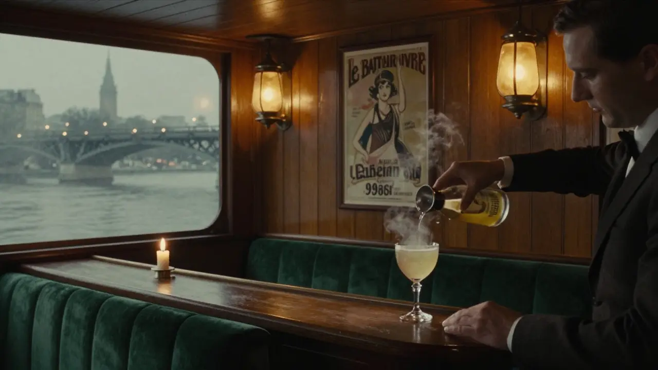 Retro boat bar with velvet booths and candlelight, bartender pouring a signature cocktail under vintage Paris posters.