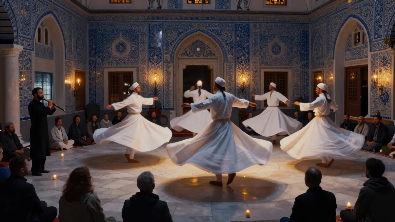 Sufi dervishes spinning in white robes during a silent Sema ceremony in a candlelit lodge.