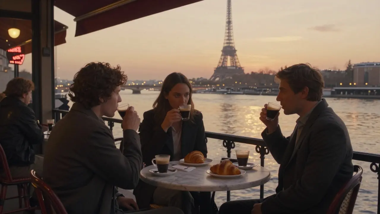 Three people at a café at dawn, drinking espresso after a night out, with the casino glowing softly in the distance.