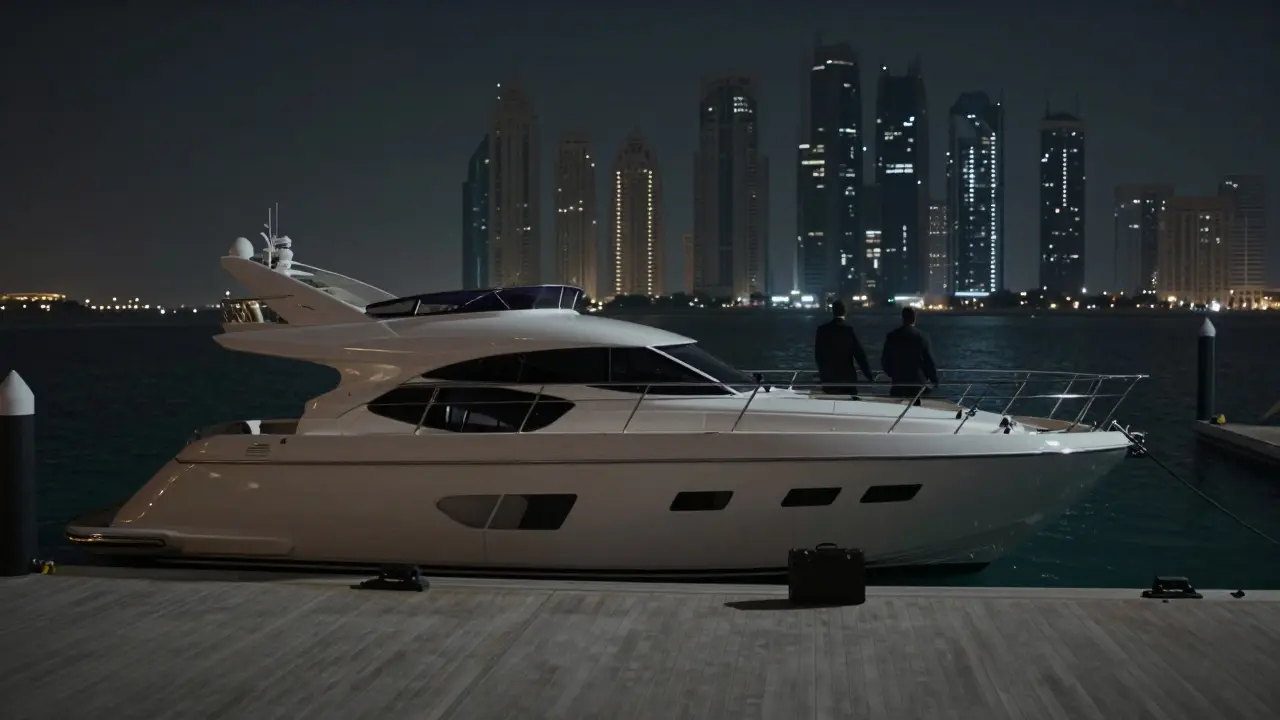 Two figures stand silently on a private yacht at night, overlooking Abu Dhabi’s skyline in a moment of quiet connection.