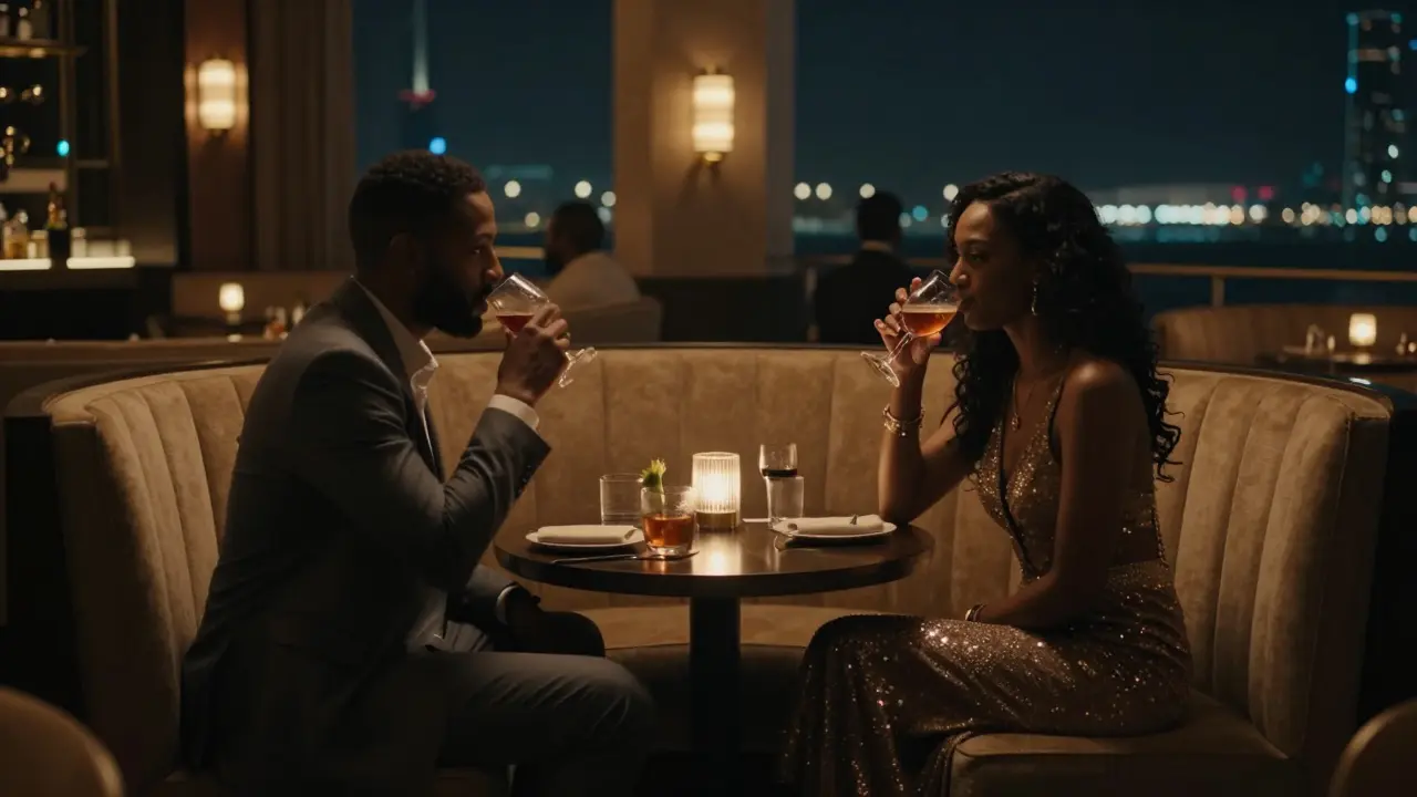Two people in an upscale lounge enjoying a private evening drink together in Abu Dhabi.