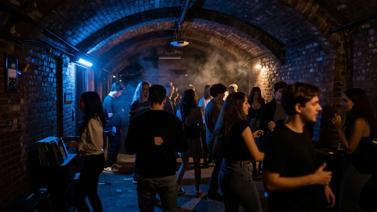 Underground club hidden under railway arch, diverse crowd dancing in dim neon glow with no signs.