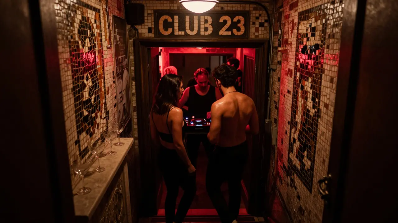 Underground club in Karaköy with dancers in dim red light inside a tiled vault.
