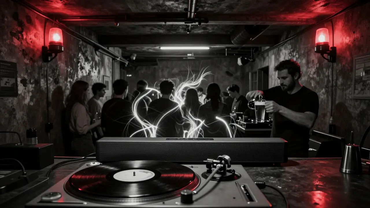 Underground techno club with industrial decor, dim red lighting, and crowd lost in music under strobe flashes.