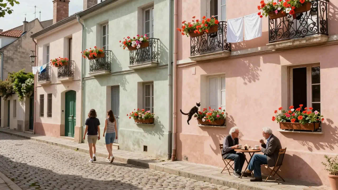 A couple strolls past colorful houses in Rue Crémieux, cat leaping from a balcony.