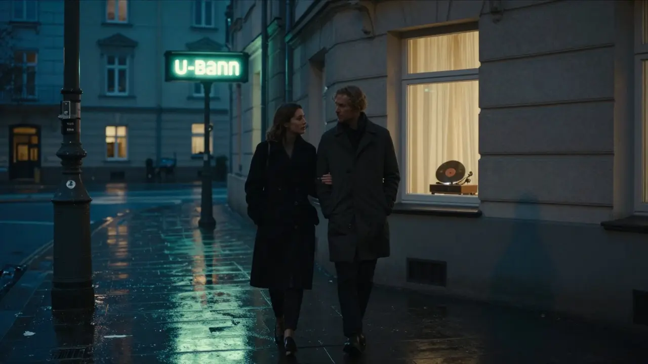 A couple walks side by side through a quiet, rain-dampened Berlin street at night, city lights glowing in the distance.