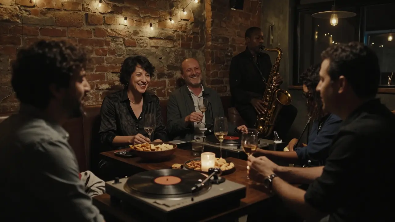 A cozy underground lounge with locals sharing wine and music under string lights in a converted warehouse.