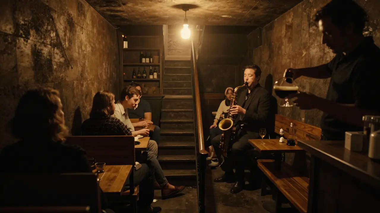 A dim jazz cellar with wooden benches, a saxophonist playing, and a bartender pouring drink in smoky, golden light.