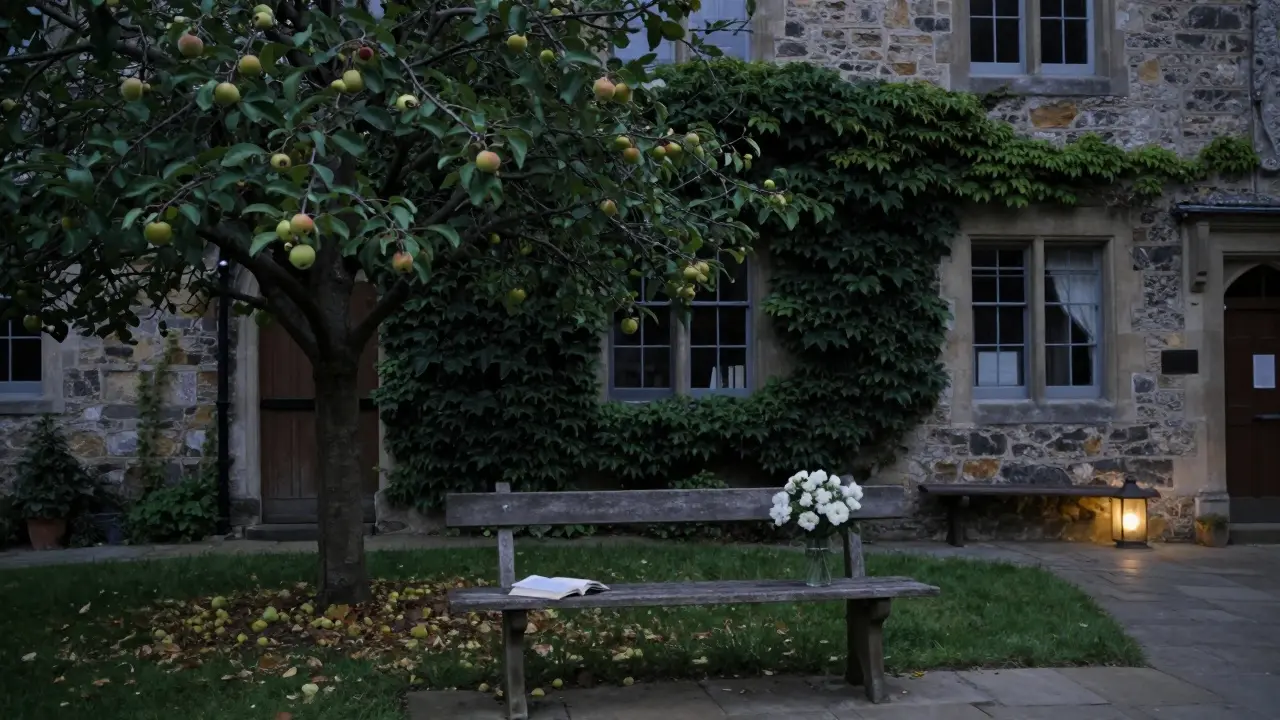 A hidden courtyard behind a bookstore with an apple tree, ivy-covered walls, and flowers on a wooden bench at dusk.