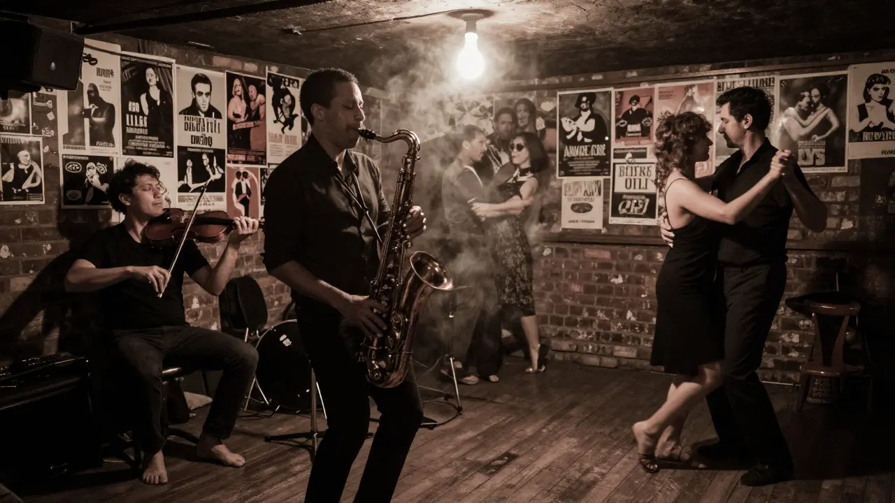 A jazz musician playing saxophone in a smoky basement club as patrons dance under soft light.