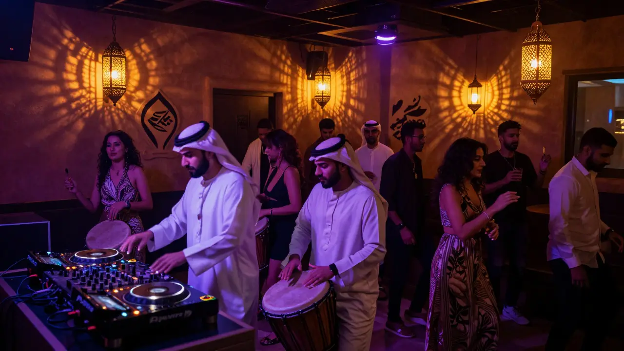 A lively nightclub with Emirati drum beats mixed into house music, dancers under lantern-lit sand art decorations.
