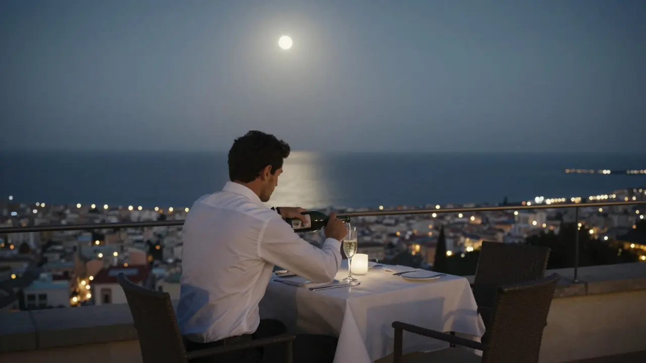 A lone figure pouring champagne on a rooftop terrace with the Mediterranean coastline glowing below at night.