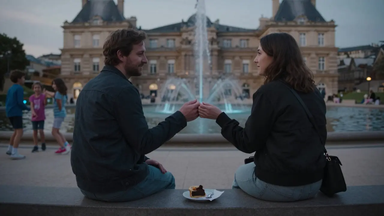 A man and woman sit together on a bench in Luxembourg Gardens at dusk, the fountain glowing softly behind them.
