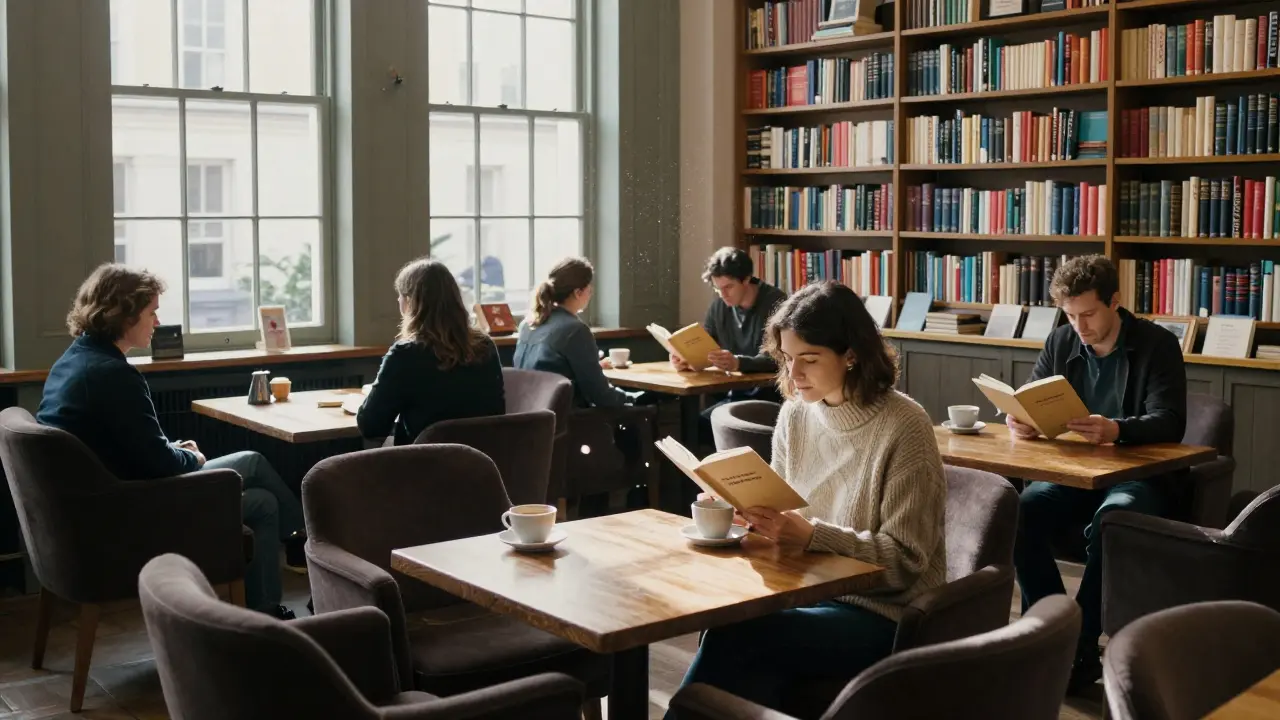 A quiet bookstore café with people reading silently among towering literary shelves.