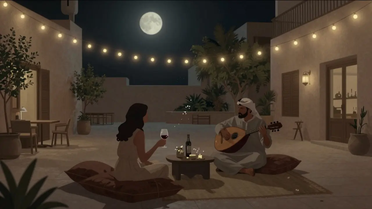 A quiet courtyard with string lights and an oud player, where a couple shares wine under the moonlight.