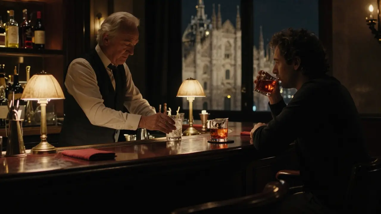 A quiet moment at Bar Basso at 3 a.m., a bartender and patron sharing silence over a classic Negroni Sbagliato.