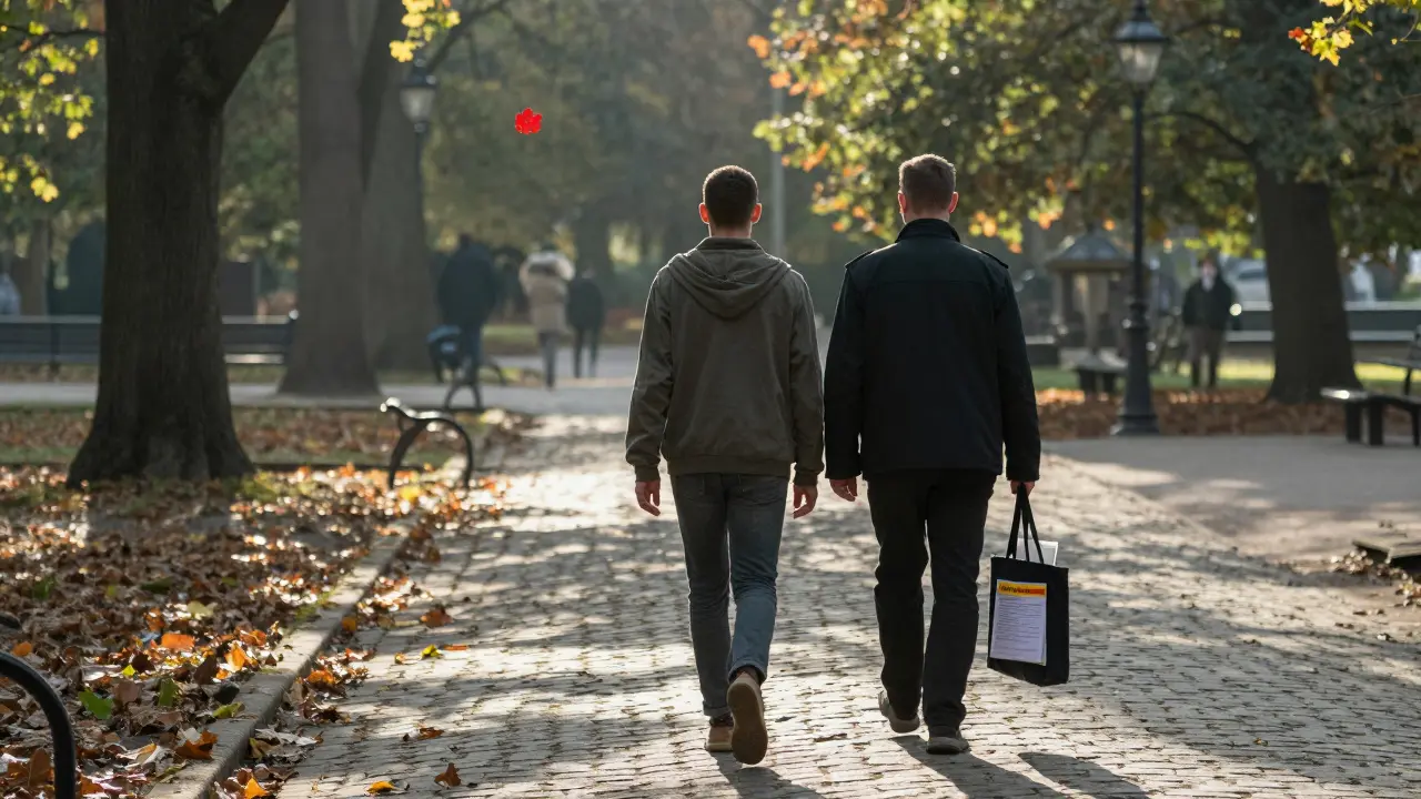 A refugee and escort walking peacefully through Tiergarten park, symbolizing safety and companionship.