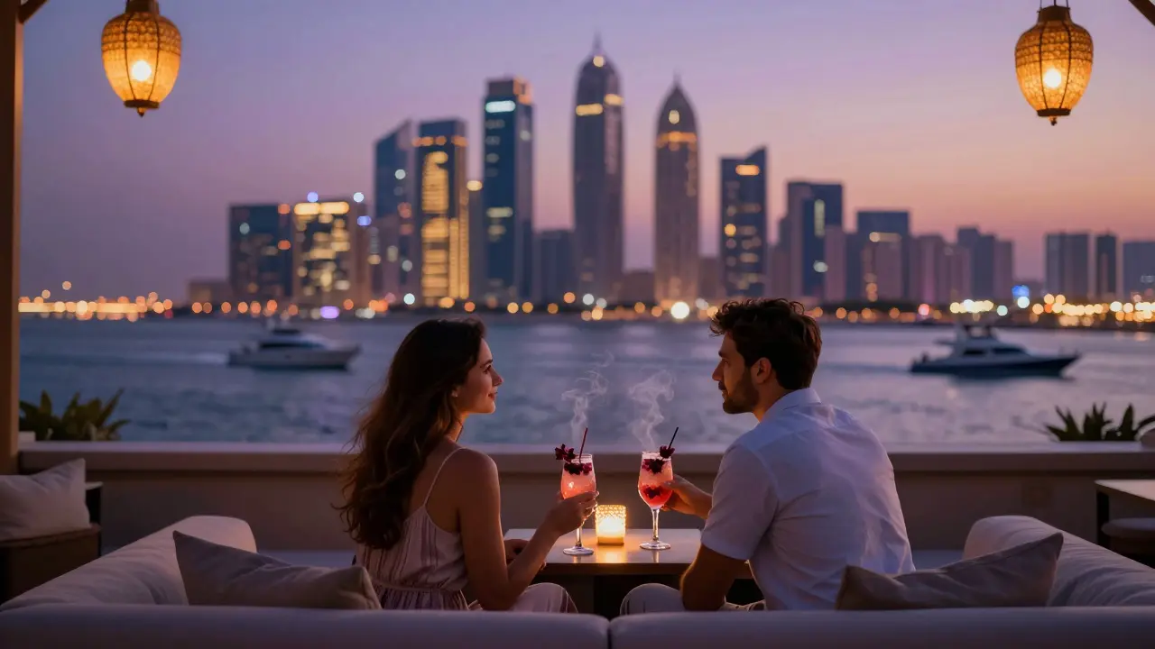 A romantic couple on a rooftop bar at sunset, sipping a cocktail as yachts pass and city lights begin to glow.
