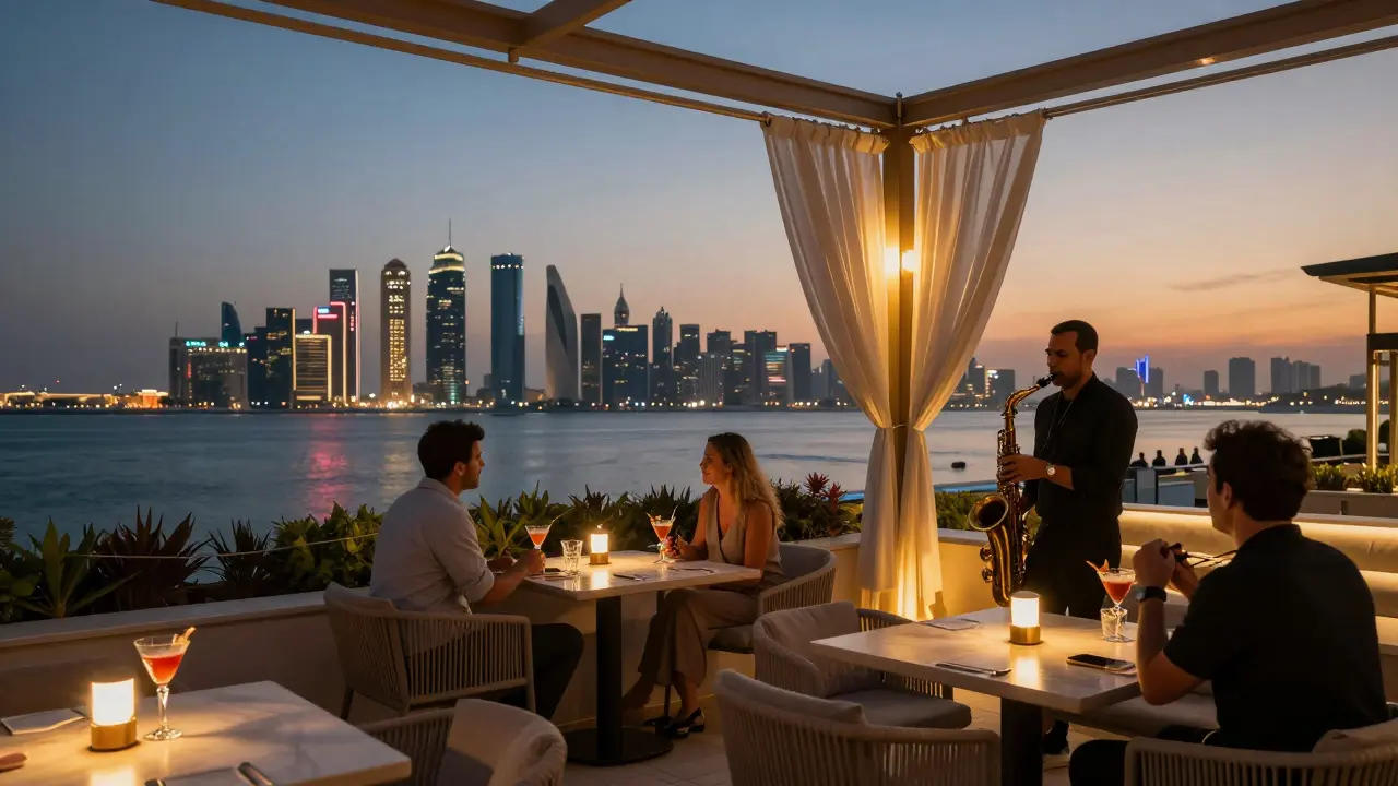 A rooftop bar at sunset with panoramic Gulf views, a saxophonist playing, and patrons enjoying cocktails under golden lights.