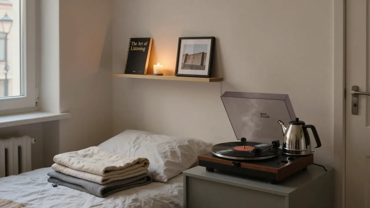 A simple Berlin apartment at night with a record player, steaming kettle, and books on a shelf, candlelight flickering softly.