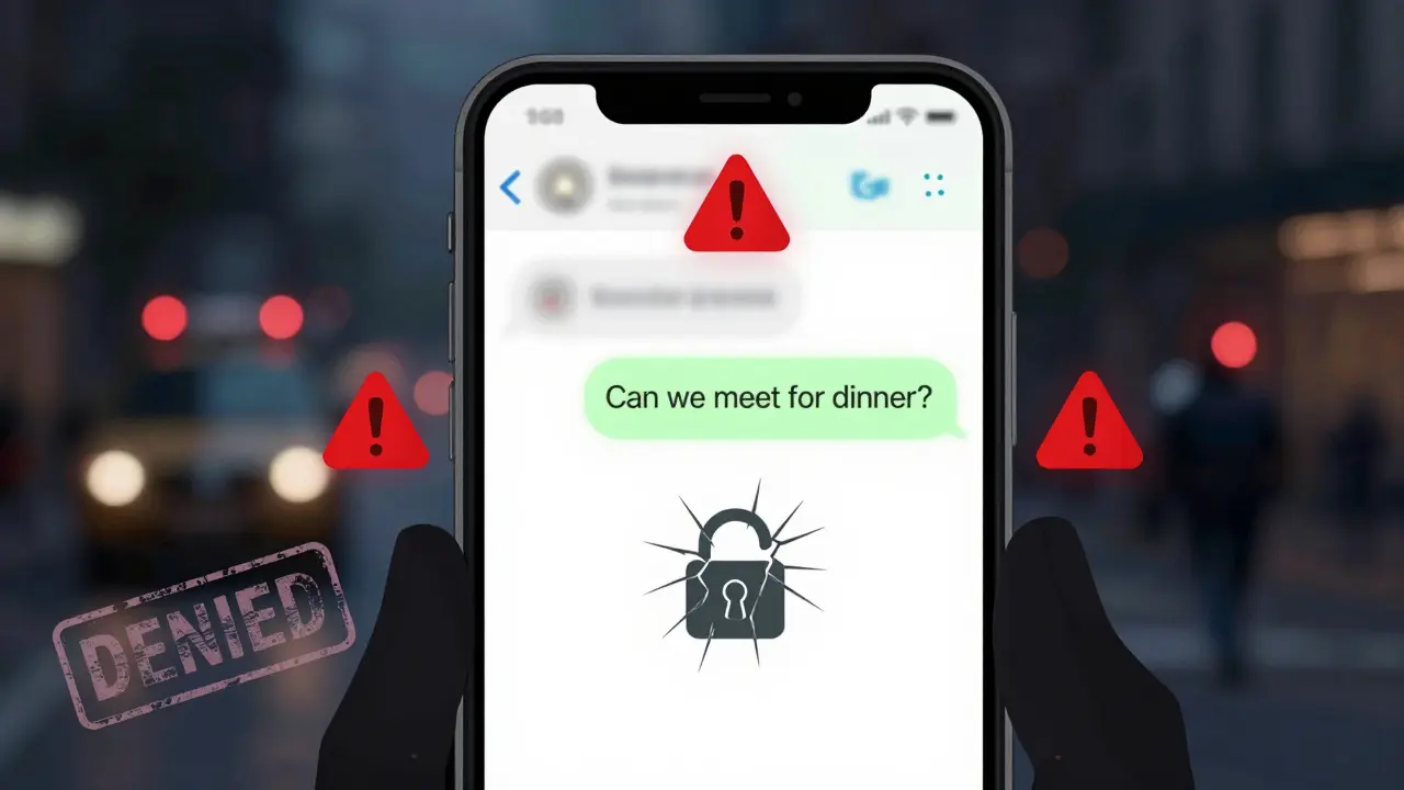 A smartphone screen with a suspicious message, red warning symbols, and a passport marked 'DENIED'.