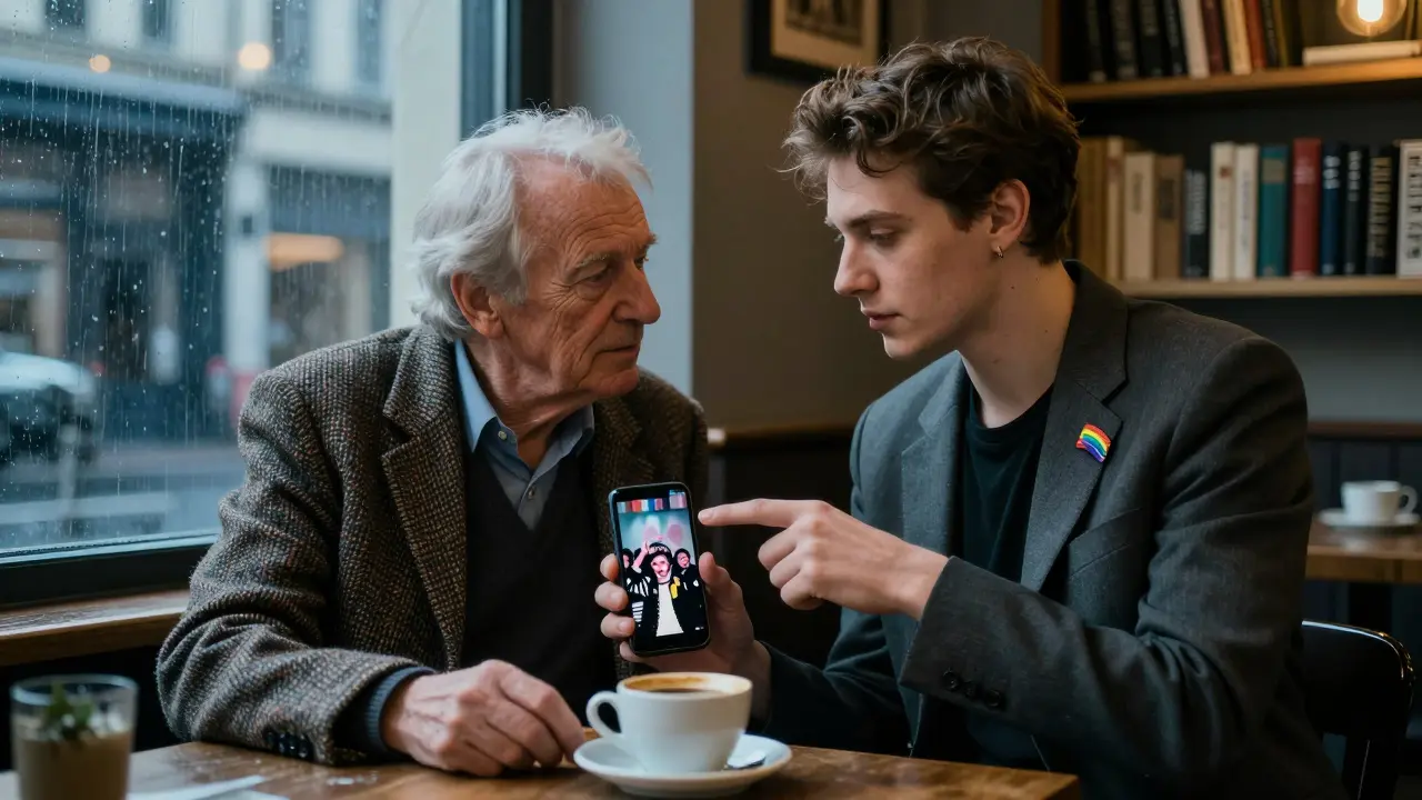 An elderly man and young escort looking at a photo of 1980s Berlin punk music in a cozy café.