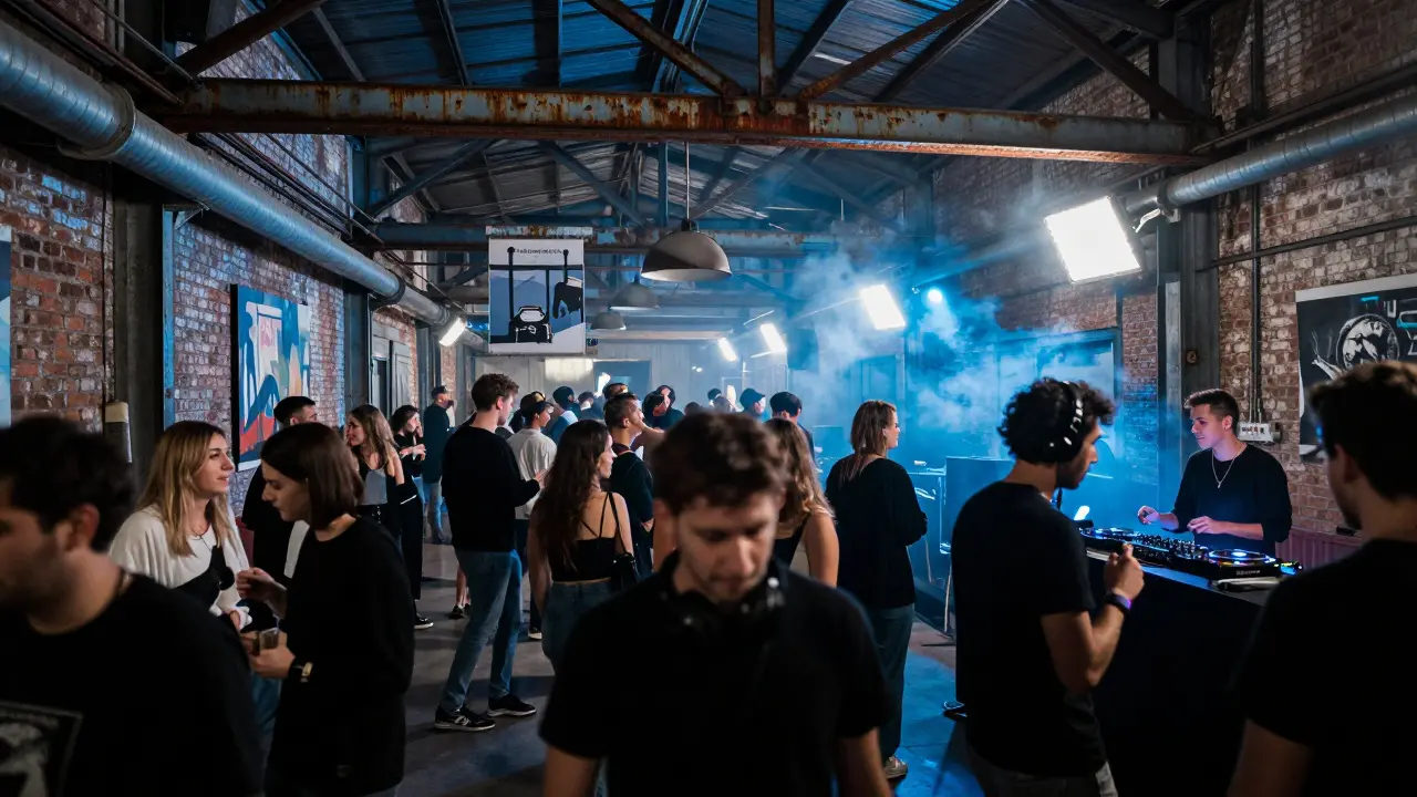 An underground techno party in a converted train workshop, people dancing under industrial lights with exposed brick walls.