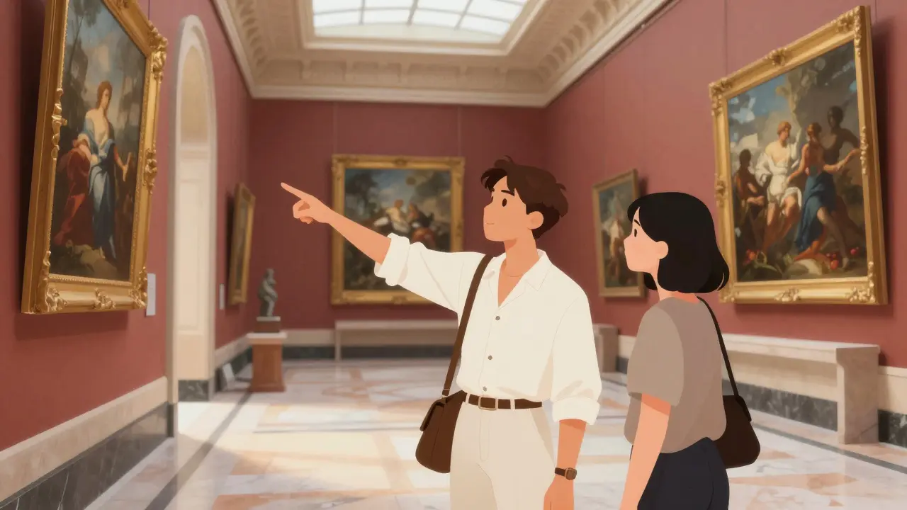 Companion guiding client through Louvre Museum during private tour viewing artwork