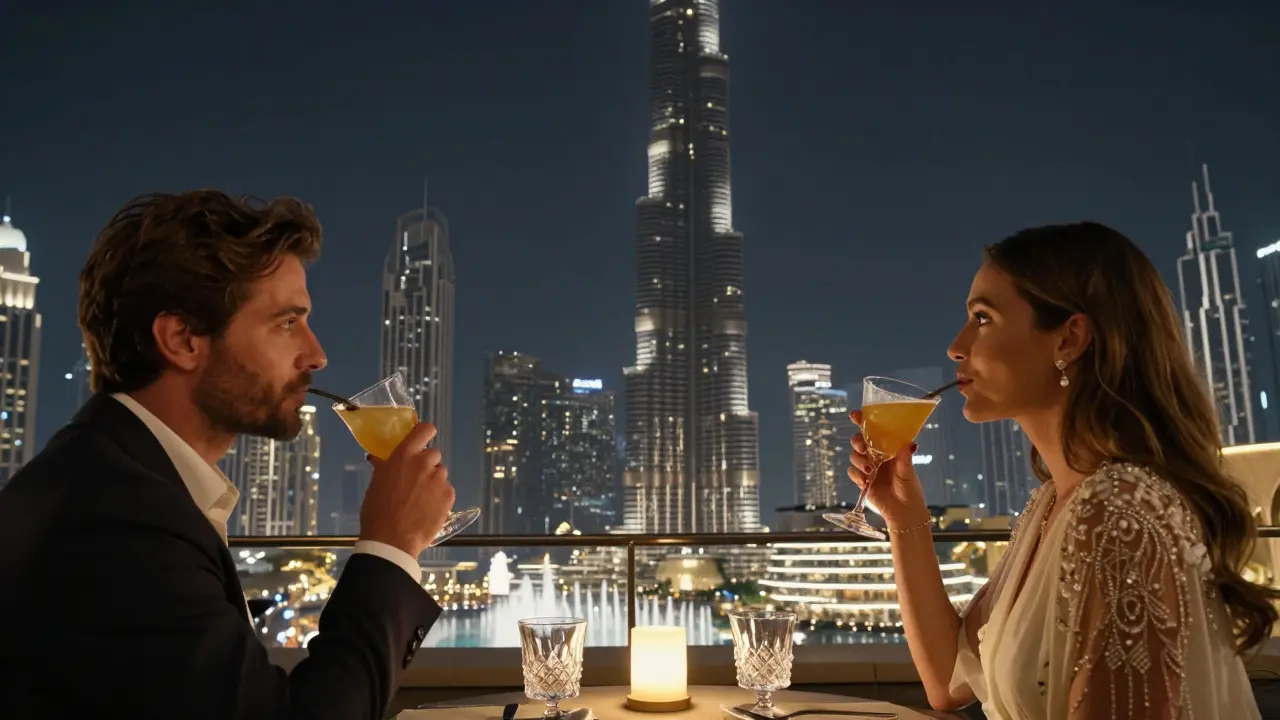 Couples enjoying cocktails on a luxury rooftop bar with the Burj Khalifa’s illuminated skyline stretching below.