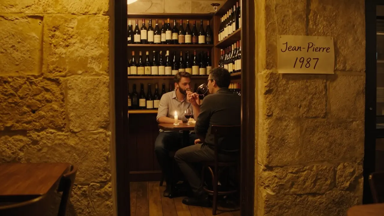 Cozy hidden wine bar in Monaco's Old Town with candlelit table and shelves of wine bottles.