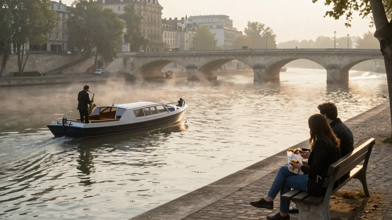 Dawn on the Seine as a saxophonist plays and a couple shares pastries.