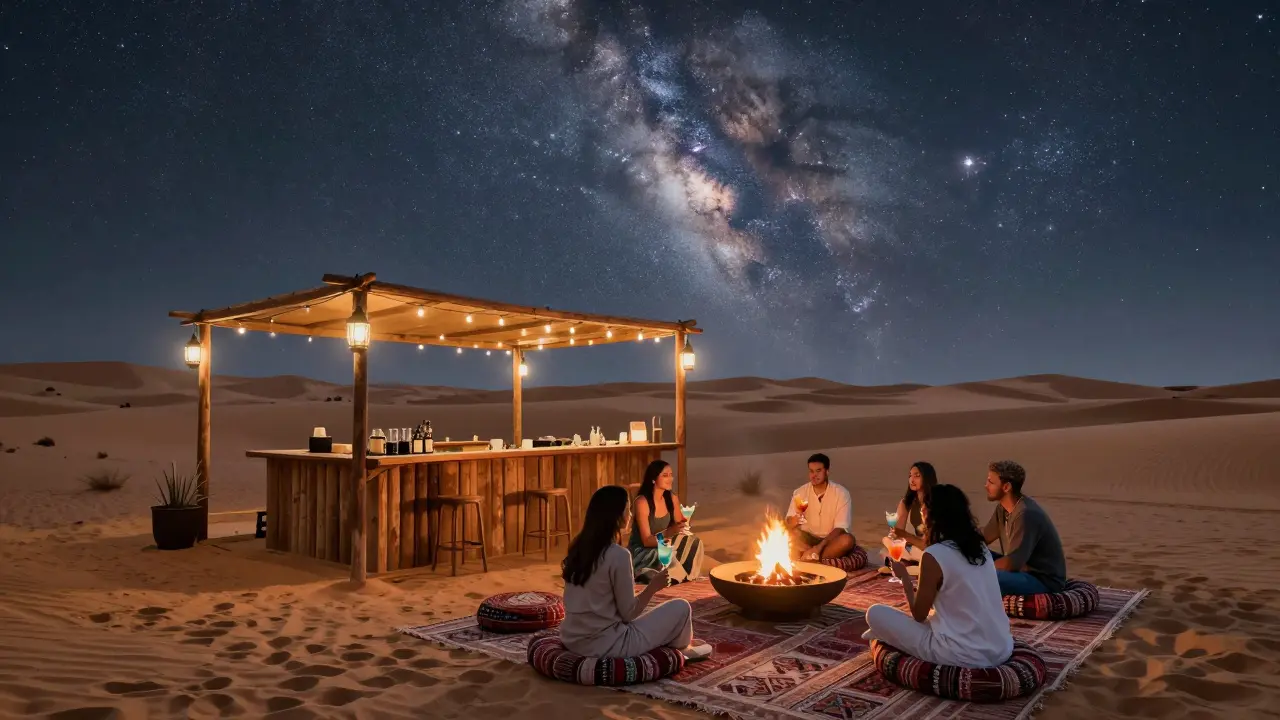 Desert pop-up bar under starry sky with fire pit and cocktails.
