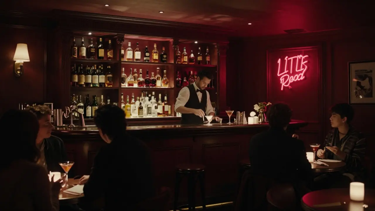 Dimly lit speakeasy interior with bartenders preparing craft cocktails