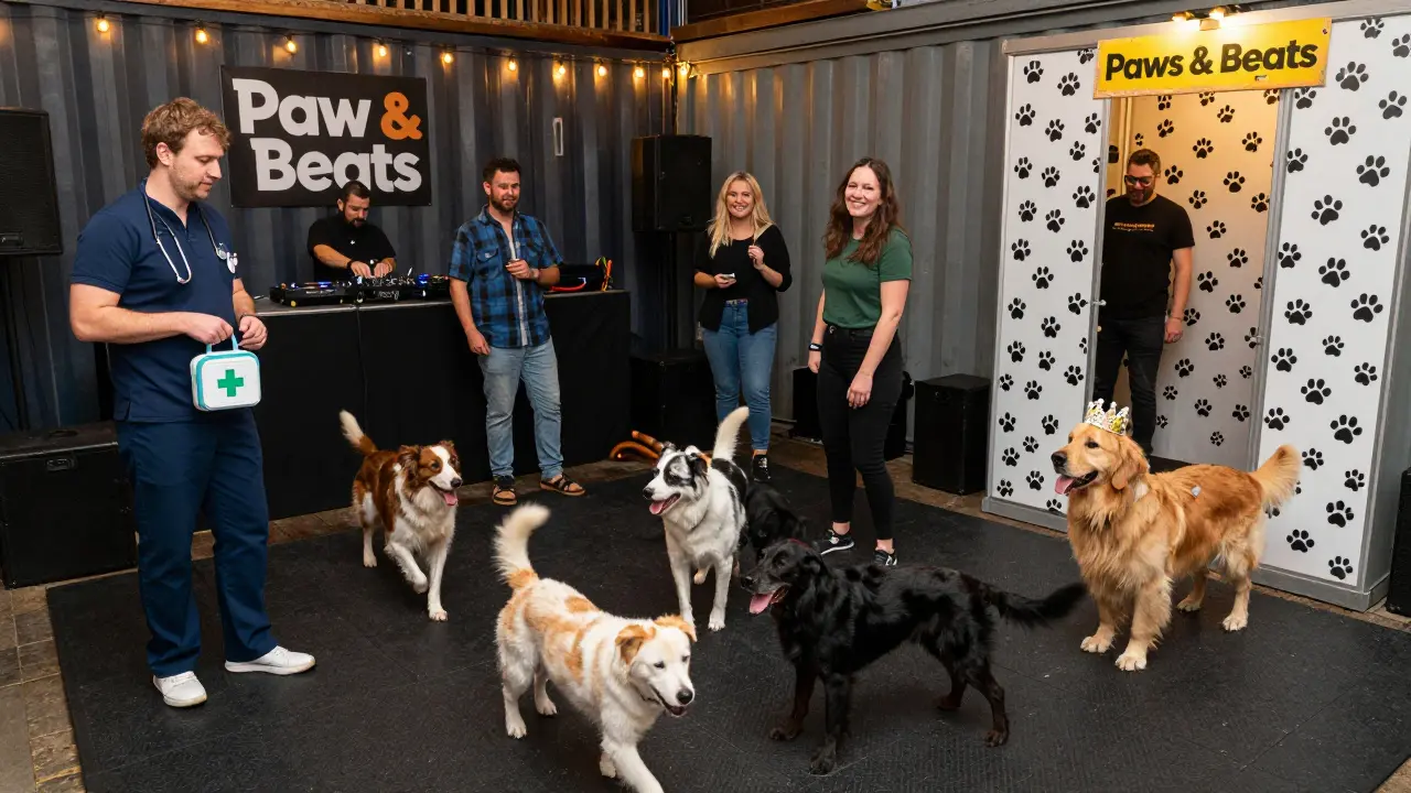Dogs dance gently on a rubberized floor at a late-night pet-friendly event in London.