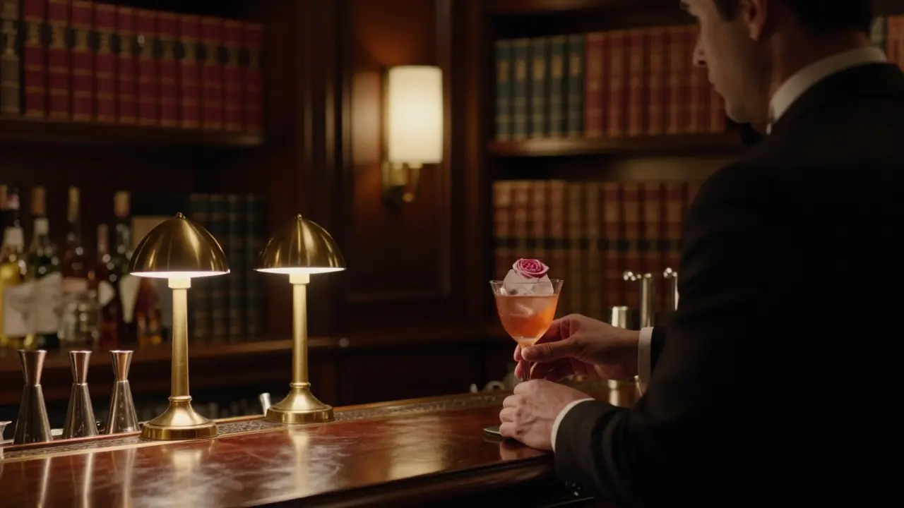 Elegant bar with brass lamps and leather books at The Library Bar, a rose-shaped ice cube in a cocktail under soft lighting.