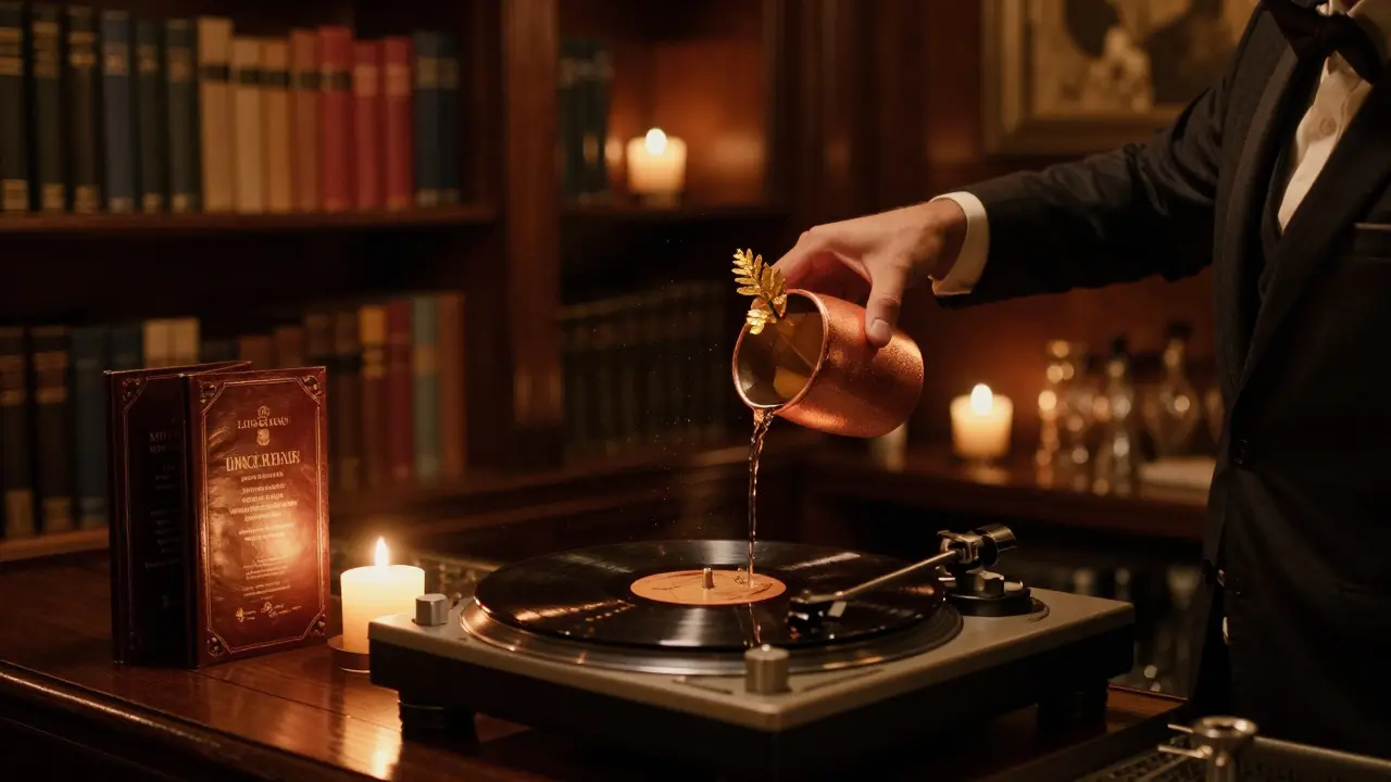 Intimate speakeasy with candlelight, vintage vinyl player, and a bartender serving a golden-garnished cocktail